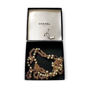Vintage Chanel 1980s Double-Strand Faux Pearl Necklace 36”–CC Logo Clasp, box
